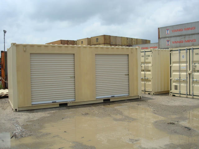 Modified shipping container with two side roll-up doors