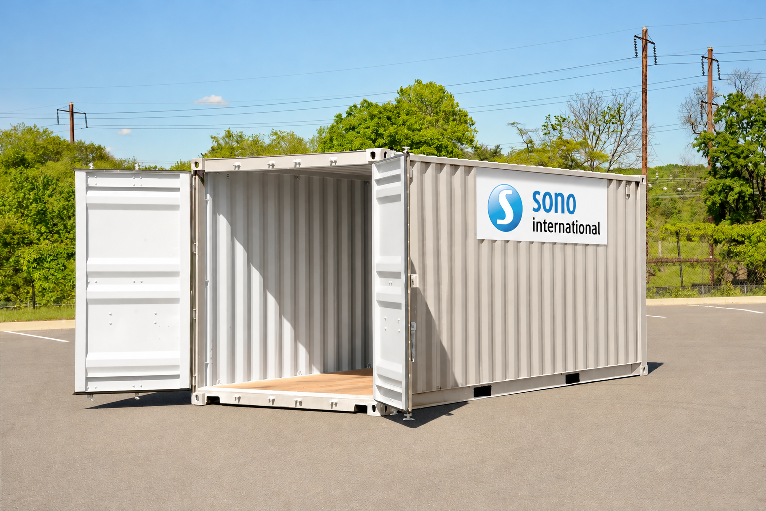 Portable storage container with open doors and digitally applied SoNo International branding